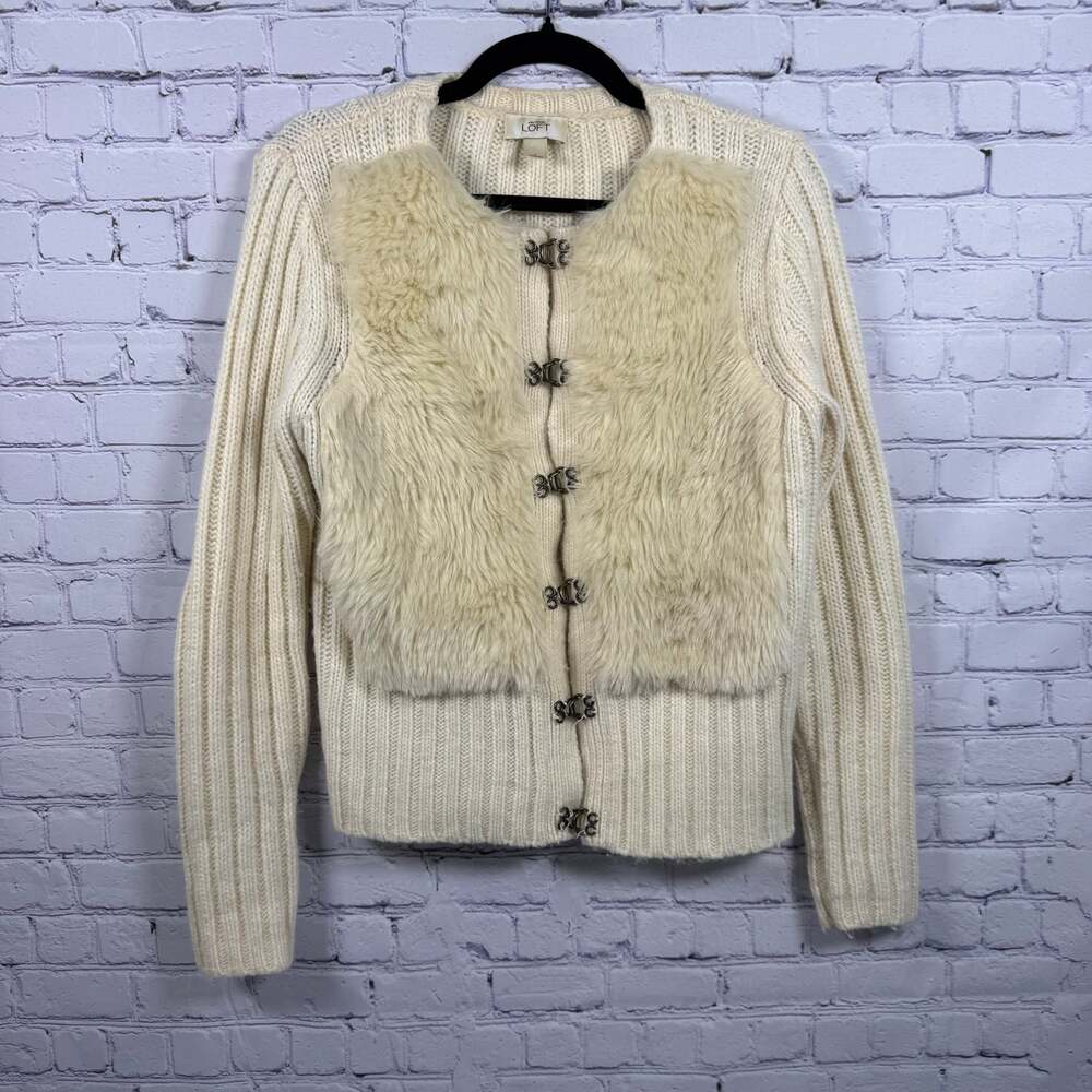 Ann Taylor LOFT Faux Fur Ivory Cardigan - Picture 1 of 6